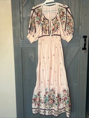 Anthropologie Pink Floral Tiered Maxi Dress Sz Medium Petite